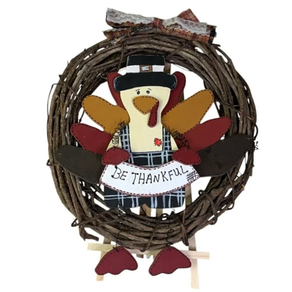 Hand Crafted Thanksgiving Turkey Wreath BeThankful Rustic Red Brown Accent 14 In